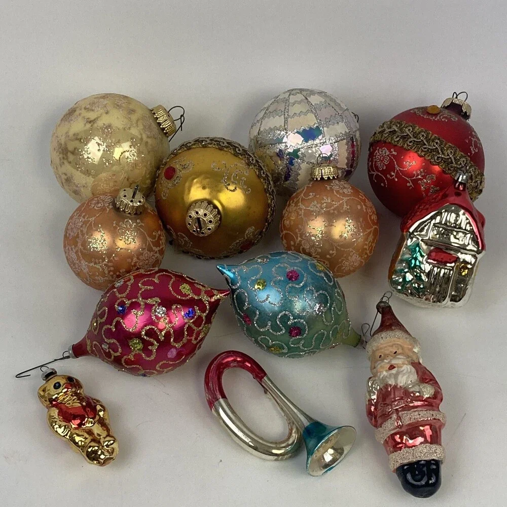 VTG West Germany Mercury Glass Santa Ornaments Lot - Mid Century XMAS Decor